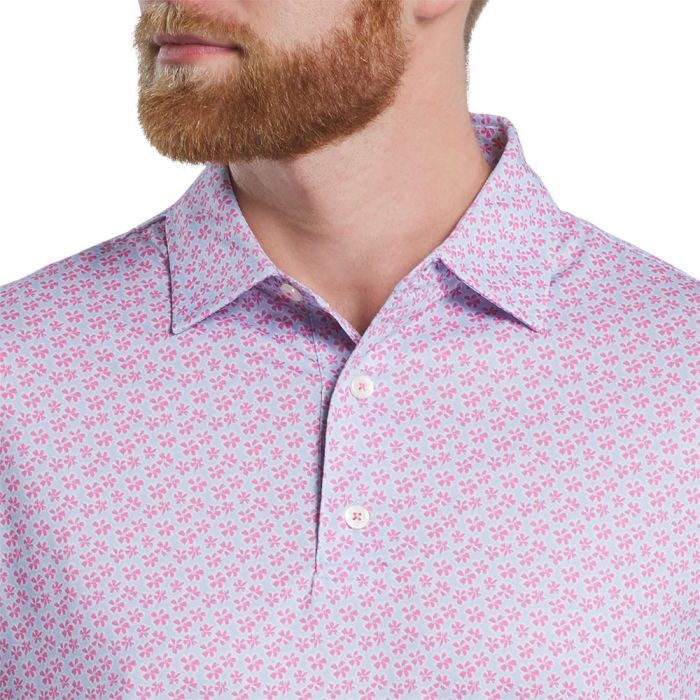 FootJoy Men's Floral Sketch Print Lisle Polo - Pink Lemonade/Skyway